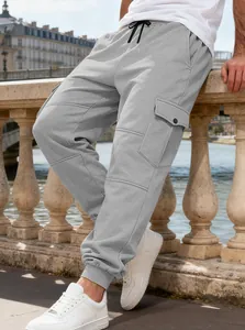 Pantaloni cargo in pile grigio da uomo con multitasche e coulisse