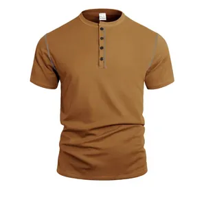 Men Retro Polyester Waffle Knit Polo Shirt Short Sleeve Henley Neck Solid Color Loose Casual Top With Button Placket