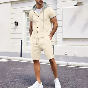 Full view of men's cream waffle knit hooded short sleeve shirt and matching shorts set