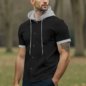 Men's casual black hooded short sleeve button shirt with grey contrast trim