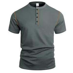 Vintage gray men's short sleeve Henley shirt with pineapple grid texture and buttons.