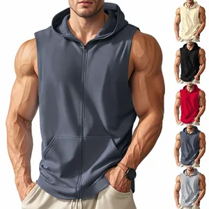 Professional detailed view of men's gym hooded zip-up vest with various color options