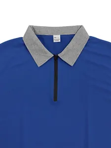 Détail rapproché du polo bleu pour homme avec col gris contrasté et fermeture éclair