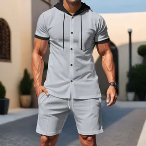 Casual men's grey textured hooded short sleeve shirt and shorts set for summer style