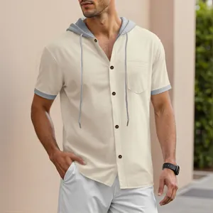 Men's cream short-sleeve hooded shirt with grey contrast and waffle weave texture