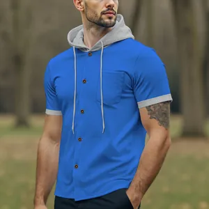 Casual men's blue short sleeve hooded shirt with contrast grey hood and chest pocket detail
