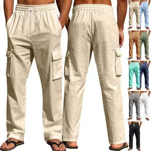 Men's loose linen cargo pants with drawstring and multi-pockets shown in various colors.