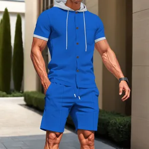 Casual blue men's summer hooded short sleeve button shirt and shorts set outdoors