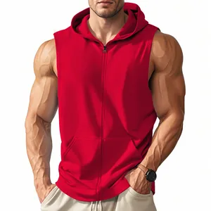 Detailansicht einer roten Herren Fitness-Kapuzenweste mit Reißverschluss und Taschen.