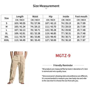Size chart for men's summer linen cargo pants with drawstring and multiple pockets