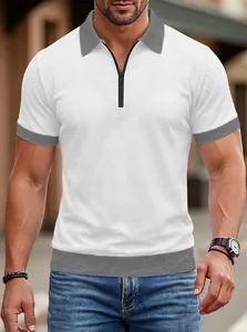Gros plan d'un polo blanc pour homme avec col contrasté gris et fermeture éclair.
