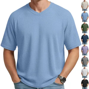 Detailed view of men's waffle knit V-neck raglan T-shirt with multiple color options