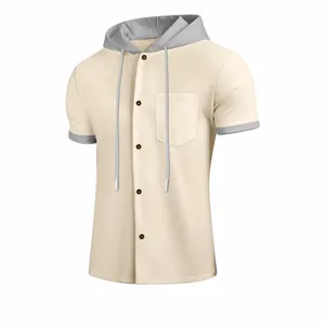 Men Summer Waffle Knit Henley Shirt Hooded Contrast Color Short Sleeve Casual Loose Button Up Shirt Men Clothing Top