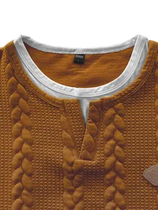 Close-up detail of ginger jacquard texture men's T-shirt with fake two-piece white collar