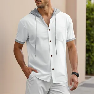 Men's casual white waffle knit short sleeve hooded shirt with contrast trim and buttons