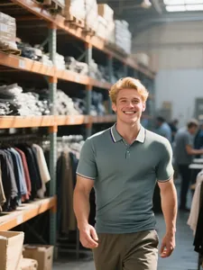 Détail du polo pour homme en soie glacée vert sauge avec col et poignets à rayures contrastées.