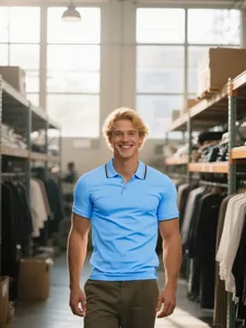 Mannequin masculin portant un polo bleu clair respirant en soie glacée dans un entrepôt