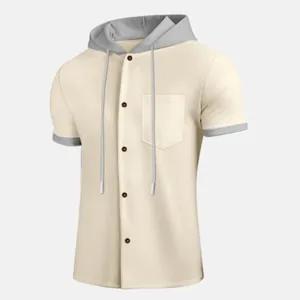 Men's casual contrast hooded short-sleeve shirt with chest pocket in beige and grey