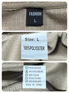 Detailed view of garment labels showing size L, 100% polyester fabric and wash care.