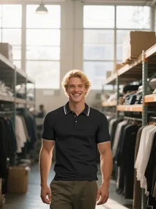 Polo pour homme noir en soie glacée avec col contrasté dans un entrepôt de vêtements