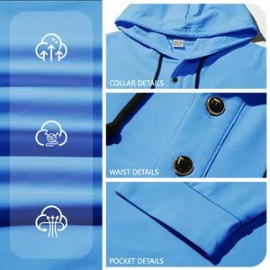 Vista dettagliata della felpa con cappuccio Henley blu da uomo: collo, vita e tasca