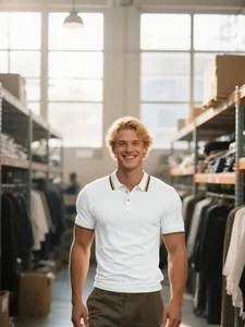 Mannequin blond portant un polo blanc en soie glacée respirante avec col jaune