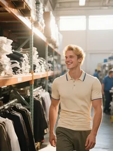 Gros plan d'un polo respirant en soie glacée avec col rayé sur un mannequin
