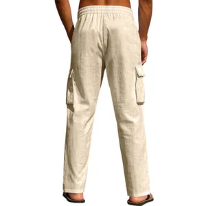 Back view of men's beige linen cargo pants with elastic waist and side pockets