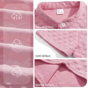 Detail views of pink jacquard loungewear shirt showing collar, cuff, and sewing quality