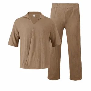 Men's Casual Twill Polyester Short Sleeve V-Neck Top And Bottom Solid Color Summer Outdoor Daily Breathable Fashion