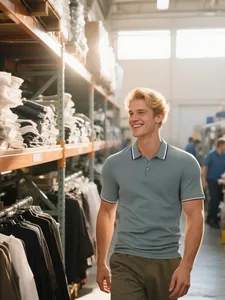 Vue détaillée d'un polo pour homme en soie glacée respirante avec col à contraste élégant
