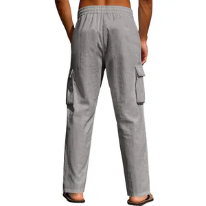 Back view of men's loose grey linen cargo pants featuring multiple functional pockets