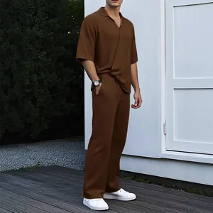 Men's summer 2-piece set with V-neck polo shirt and matching trousers in coffee brown