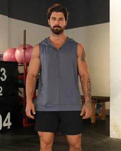 Men's athletic grey hooded zip-up vest featuring a front pocket and breathable fabric