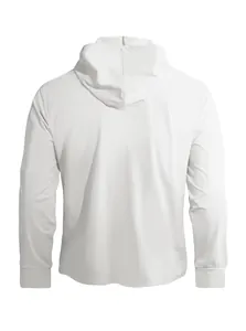 Vista posteriore dettagliata di una felpa bianca con cappuccio da uomo in maglia elastica