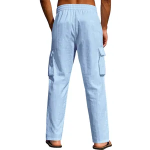Detailed back view of men's light blue loose linen cargo pants with functional side pockets