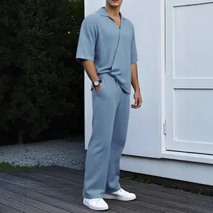 Men's summer 2-piece casual set with textured polo shirt and matching long pants