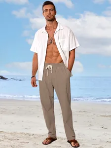 Men's lightweight breathable wide-leg cotton trousers for casual summer beach wear.