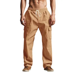 Men's casual khaki linen cargo pants featuring drawstring waist and side pockets.