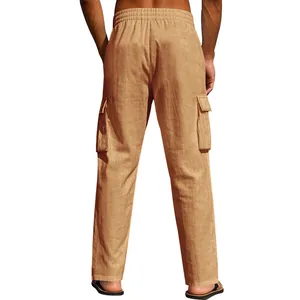 Men's summer linen cargo pants back view with large side pockets and elastic waist.