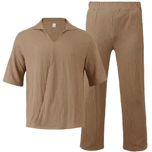 Men's summer 2-piece set with V-neck short sleeve shirt and trousers in textured brown