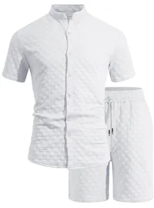 Detailed macro texture of white jacquard men's short sleeve casual shirt and shorts set