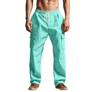 Men's loose fit mint green linen cargo pants with drawstring and multi-pockets