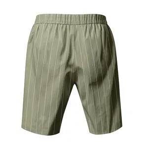 Detailed back view of men's casual olive green striped shorts with elastic waistband