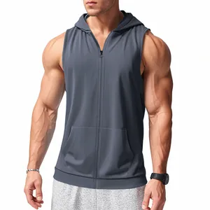 Herren ärmellose Kapuzenweste mit Reißverschluss, dunkelgrau, atmungsaktive Sportmode.