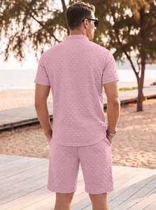 Back view of men's pink summer jacquard loungewear set with checkerboard texture
