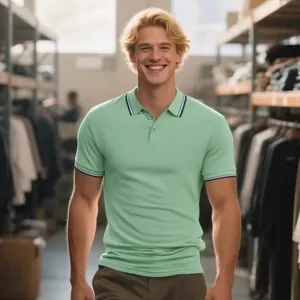 Polo à manches courtes rafraîchissant pour hommes avec col contrasté en vert menthe