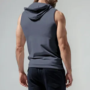 Men's sleeveless hooded sports vest in slate grey, back view fitness tank top.