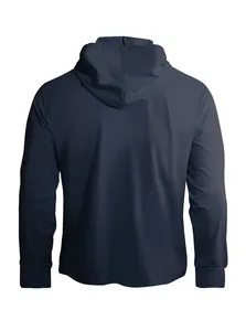 Vista posteriore di una felpa con cappuccio blu scuro da uomo in maglia elastica