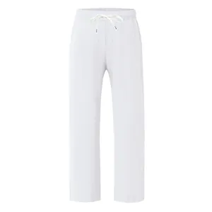 Detailed view of white men's straight-leg casual trousers with an adjustable drawstring waist.